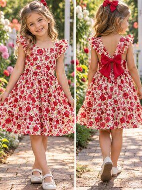 btween Girls Floral Dress Size 6 Red Bow Cottagecore Spring